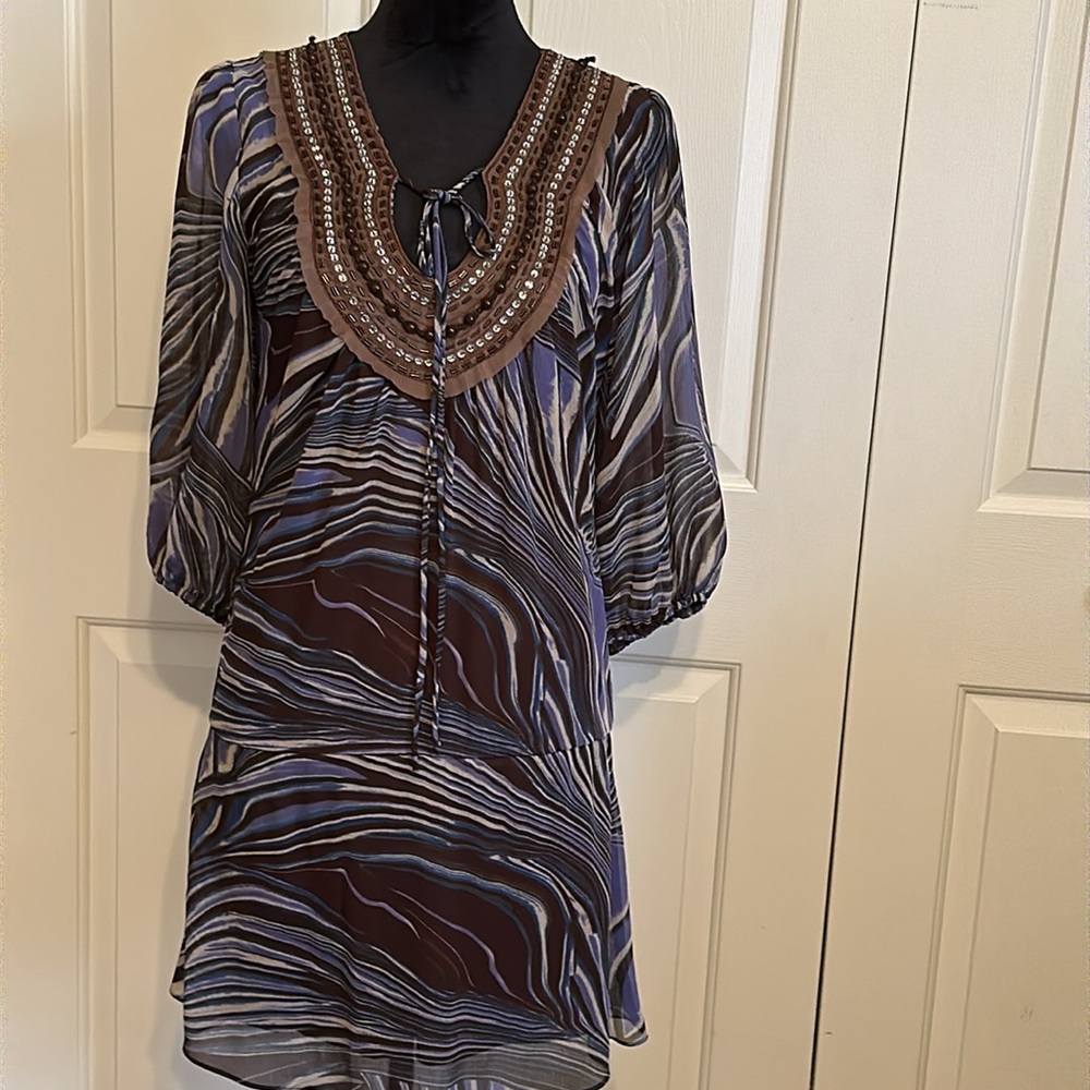 💖Kitty Sexy yet classy brown, blue dress with beaded yoke and 3/4 sleeves